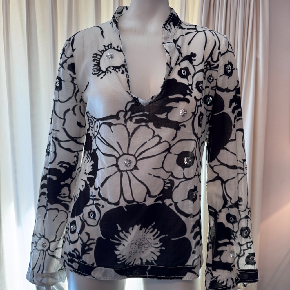 Tori Birch Cotton Floral Black and White Blouse